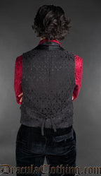 Back view of Victorian black cotton brocade gothic double-breasted waistcoat over red brocade shirt