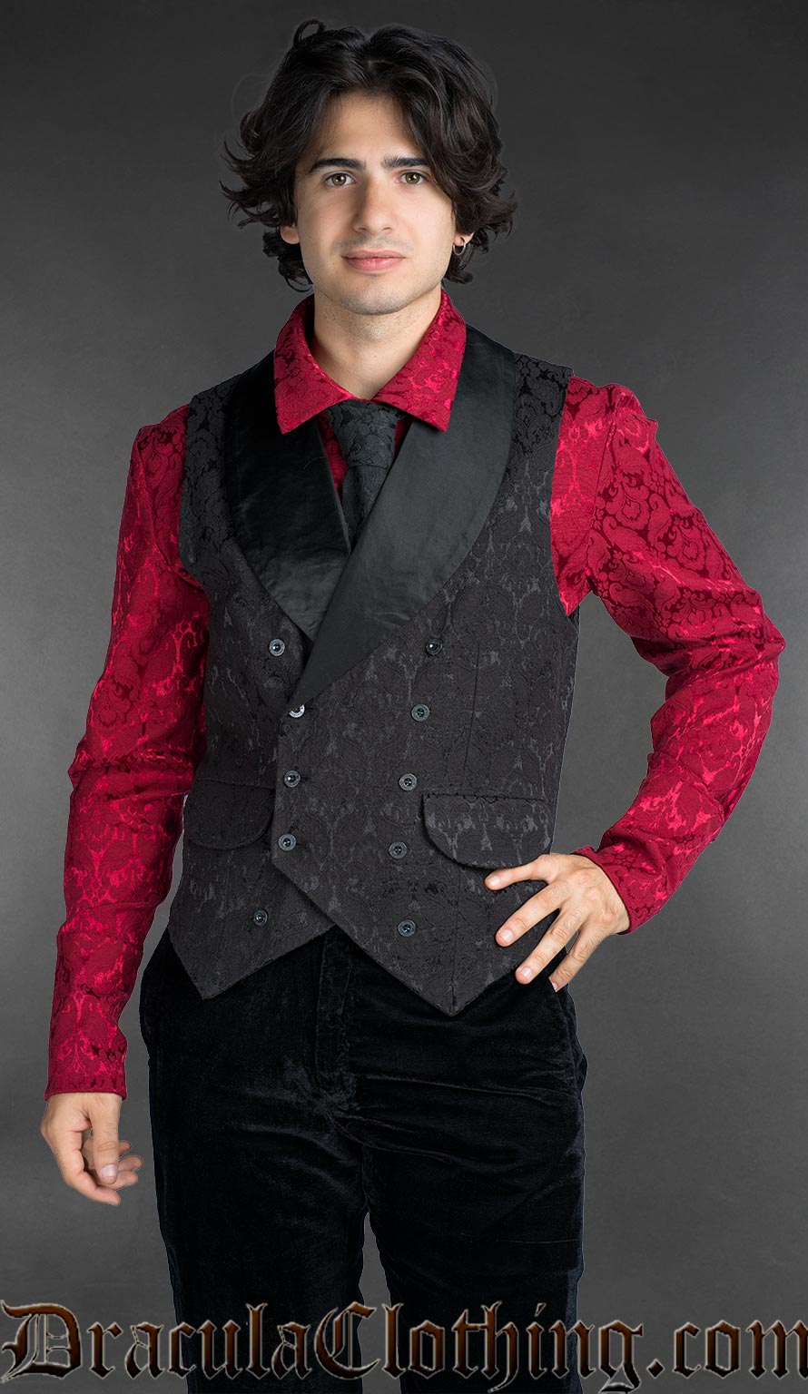 Victorian black cotton brocade gothic double-breasted waistcoat over red brocade shirt