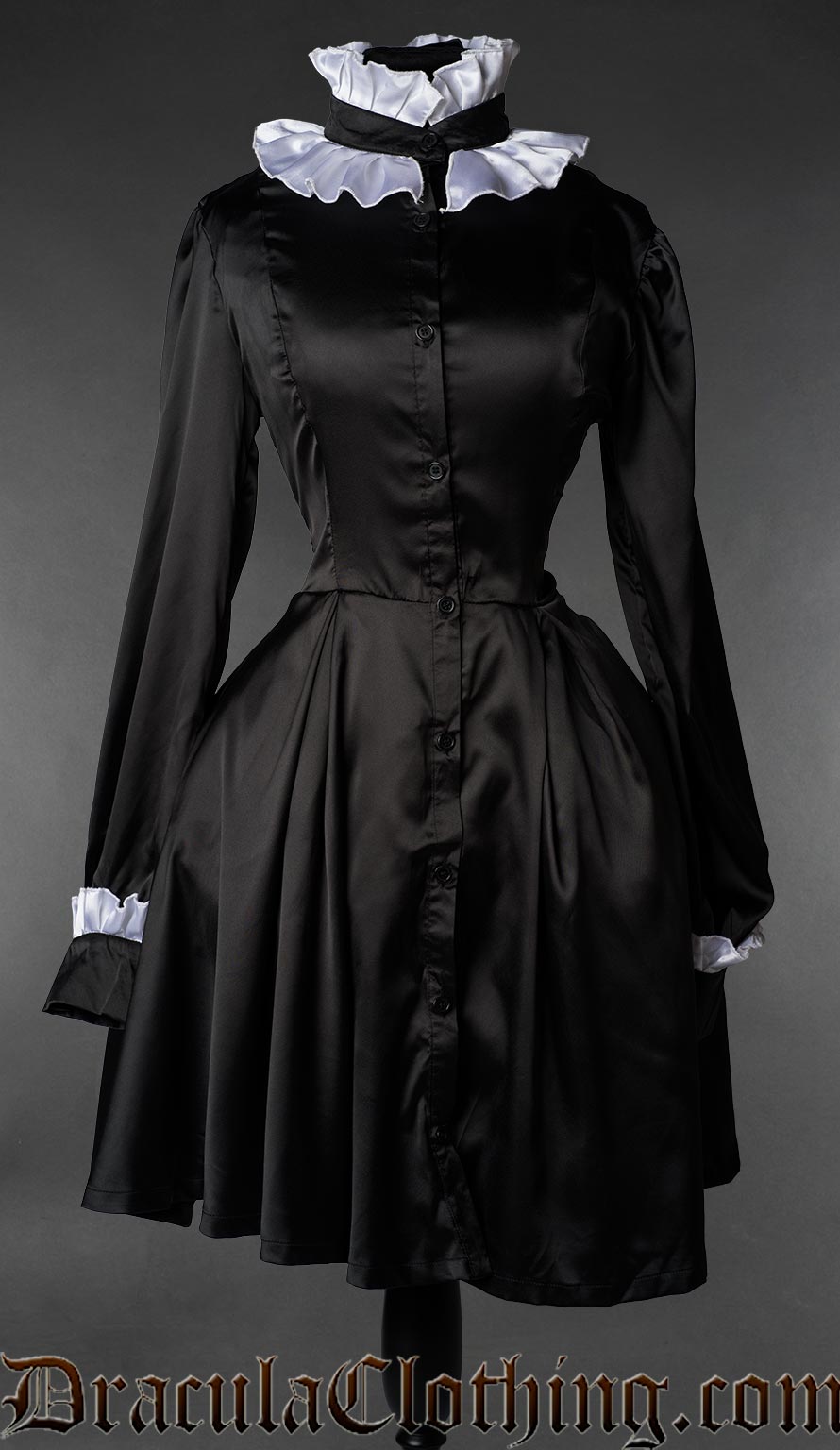 Gothic Victorian maid dress with black satin, long sleeves, and white ruffle details