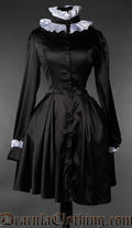 Gothic Victorian maid dress with black satin, long sleeves, and white ruffle details