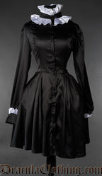 Gothic Victorian maid dress with black satin, long sleeves, and white ruffle details