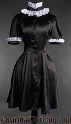 Victorian gothic dress in black satin with white ruffled collar and cuffs short sleeve design