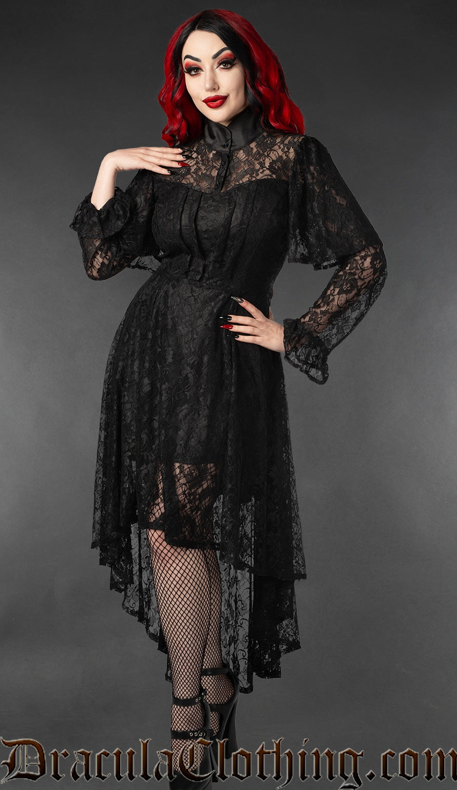Women's black lace high low dress with black opaque dress bodice. Long sleeves and high collar