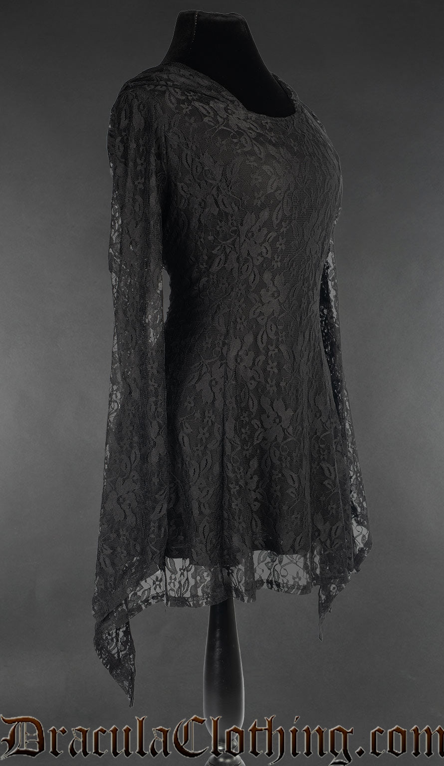 Side view of women's lace hoodie showing fitted style and sheer lace sleeves with pointed cuff