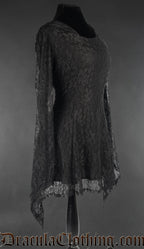 Side view of women's lace hoodie showing fitted style and sheer lace sleeves with pointed cuff