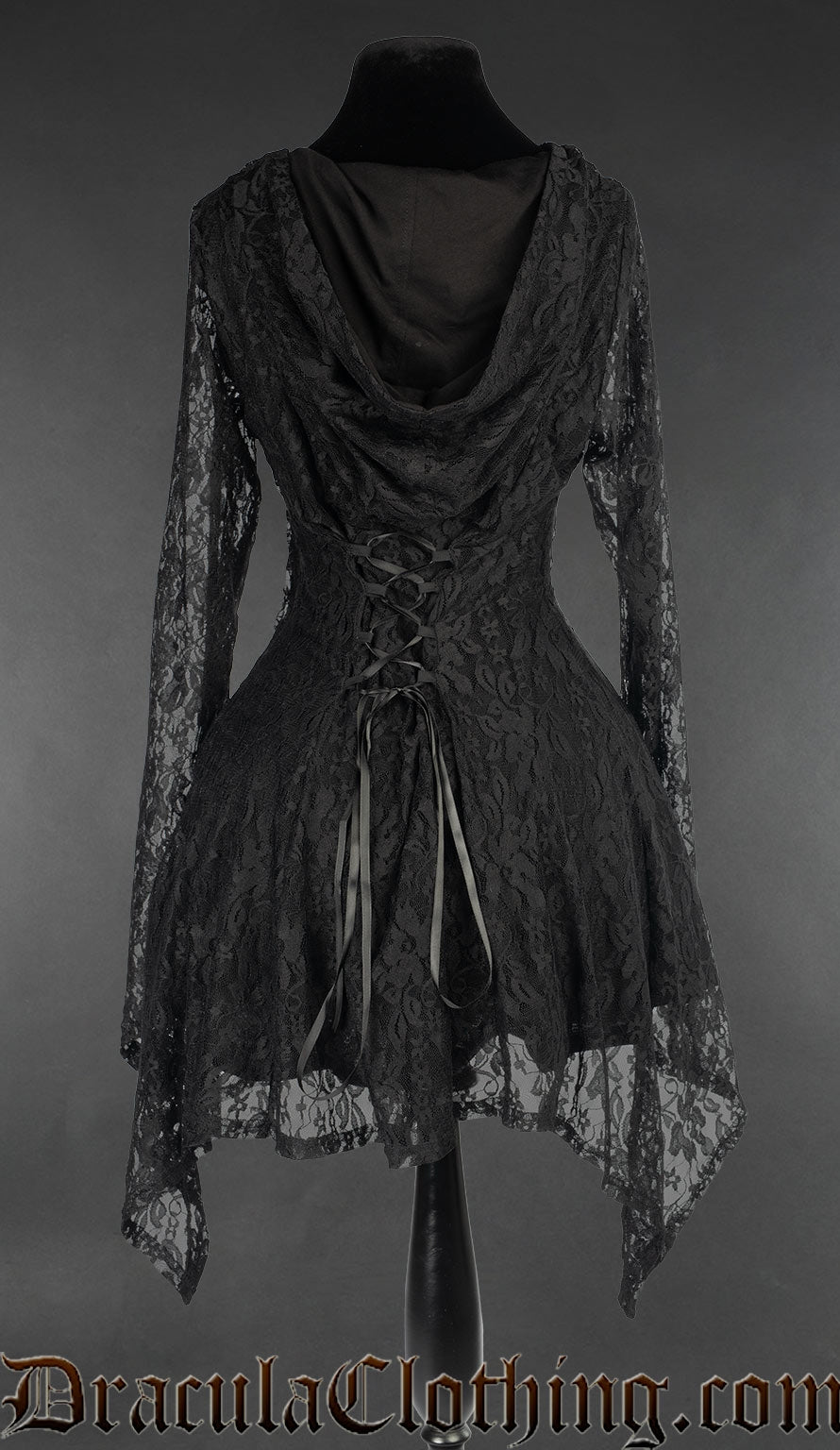 Back view of women's black lace hoodie dress showing cotton lined hood and adjustable corset style lacing in the torso