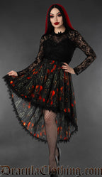 Women's high low skirt with black lace trim and violin print design