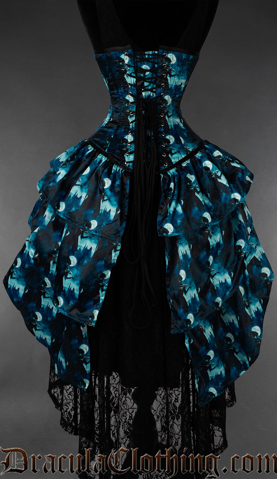 Blue and black vampire bustle corset with layered ruffle skirt back view
