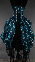 Blue and black vampire bustle corset with layered ruffle skirt back view