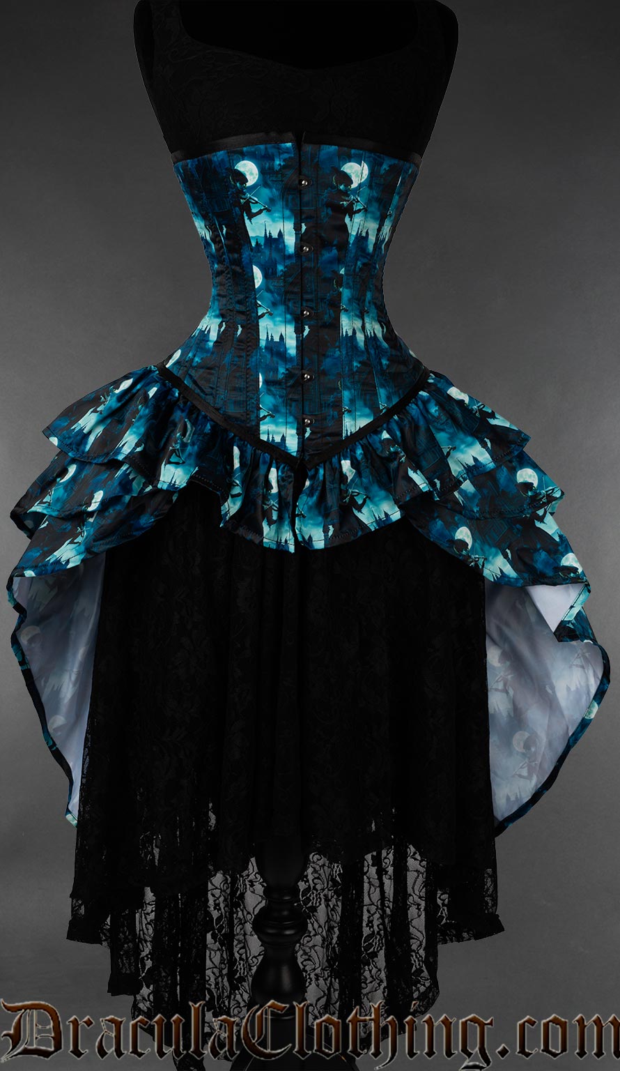 Blue and black vampire bustle corset with layered ruffle skirt