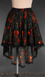 Black violin print women's skirt with high low style elasticated waist and black lace trim hem