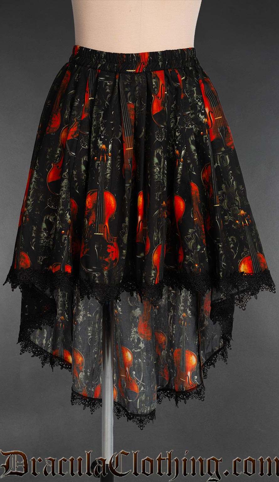 Black violin print women's skirt with high low style elasticated waist and black lace trim hem