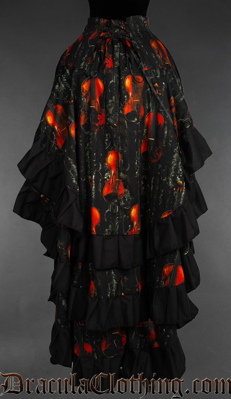 Back view of women's bustle skirt with violin print showing adjustable corset style lacing in the waist