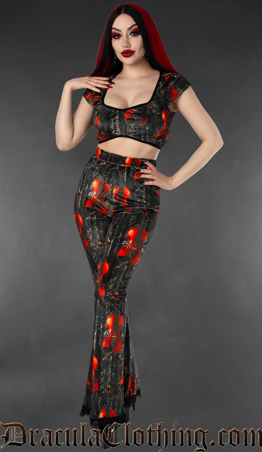 Women's flared high waisted velvet pants with violin print on black and grey background with pockets