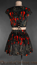 Back view of women's violin print velvet short skirt showing elasticated waistband for comfort