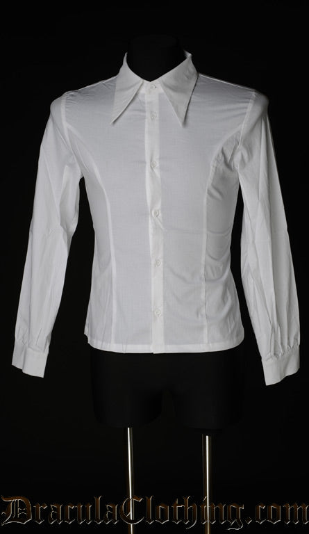 White cotton long sleeved fitted men's shirt shown with cravat removed