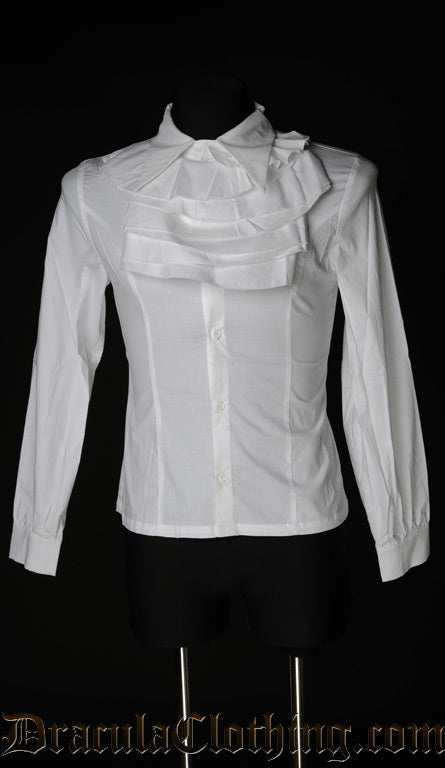 Men's white cotton long sleeved shirt with swallow tail collar shown with cravat