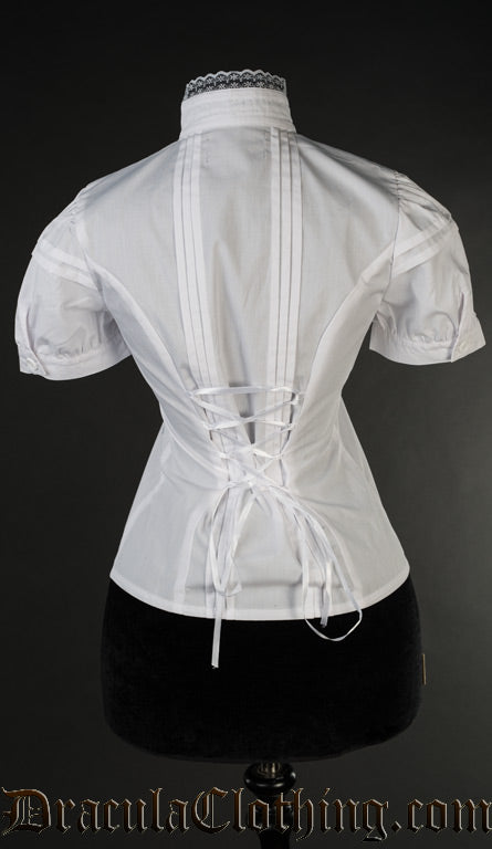 Back view of women's white edwardian blouse showing adjustable corset style lacing in the back
