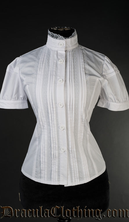 Women's white edwardian inspired blouse with short puffed sleeves and high neck collar with lace trim