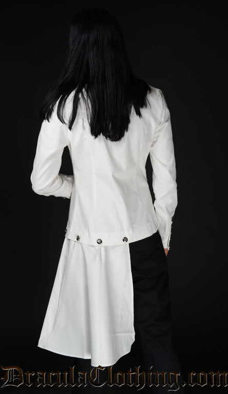 Back of white japanese shirt showing attached tailcoat panel with buttons