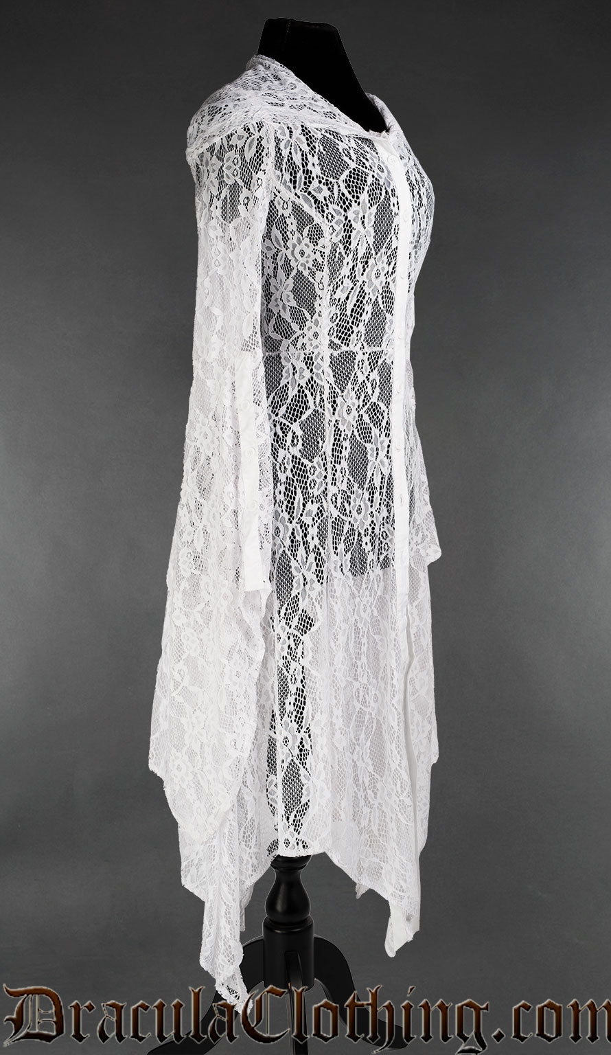 Side view of women's white lace overdress showing dramatic long trumpet sleeves