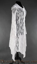 Side view of women's white lace overdress showing dramatic long trumpet sleeves