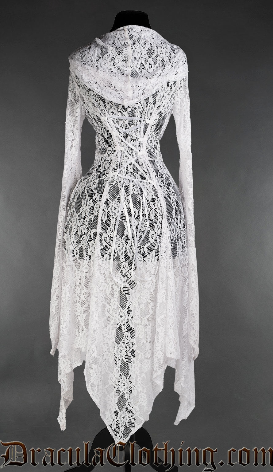 Back of white lace overdress showing adjustable corset style lacing