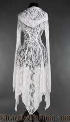 Back of white lace overdress showing adjustable corset style lacing