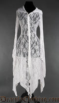 Women's white overdress made with sheer lace in a handkerchief hem style with trumpet sleeves