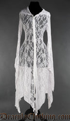 Women's white overdress made with sheer lace in a handkerchief hem style with trumpet sleeves