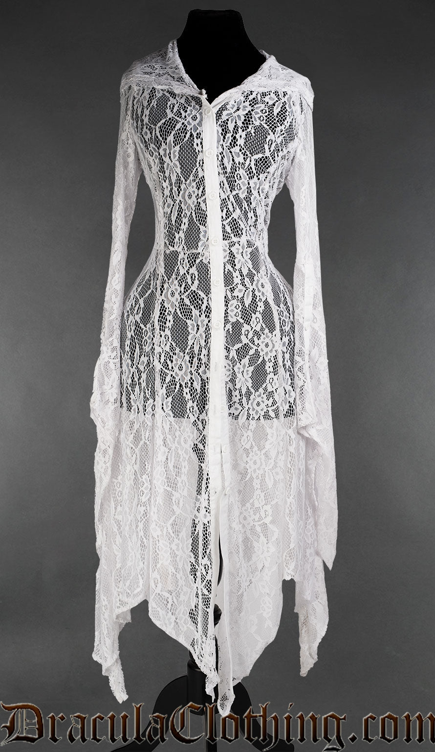 Women's white overdress made with sheer lace in a handkerchief hem style with trumpet sleeves