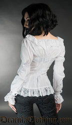 Model showing back of white women's long sleeve blouse with elasticated back and square neckline with lace trim