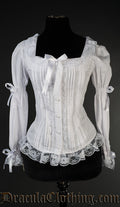 White long sleeved women's cototng and lace blouse with lolita style cute bows on sleeves and square neckline