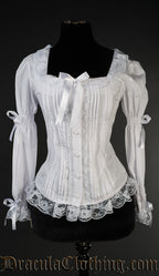 White long sleeved women's cototng and lace blouse with lolita style cute bows on sleeves and square neckline