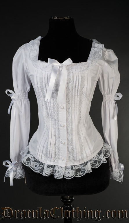 White long sleeved women's cototng and lace blouse with lolita style cute bows on sleeves and square neckline