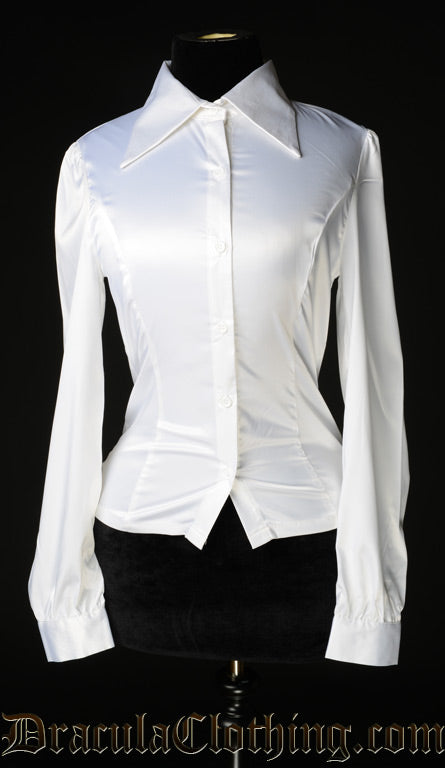 Fitted women's long sleeved white satin blouse with swallow tail collar