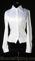 Fitted women's long sleeved white satin blouse with swallow tail collar