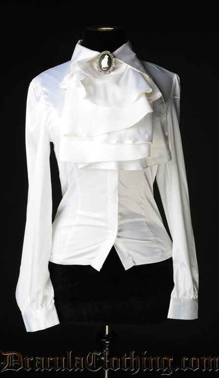 Women's white satin long sleeved blouse with detachable cravat